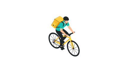 Fototapeta premium Isometric bicycle delivery: courier with yellow backpack and helmet on bike