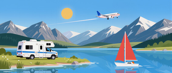 Animated illustration of an RV by a lake with mountains, sailboat, sun, and airplane in a bright blue sky — symbolizing travel, freedom, and outdoor adventure.
