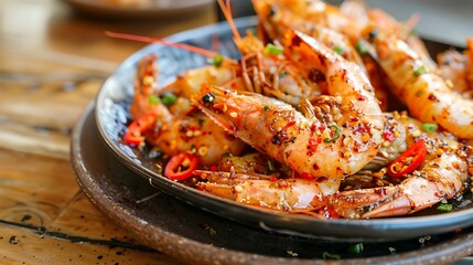 Close up of a plate of grilled shrimp with herbs and spices on a wooden table surface in soft lighting