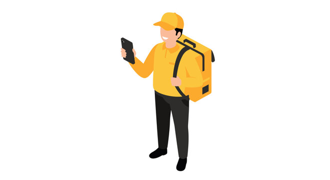 Isometric food delivery worker with smartphone and backpack
