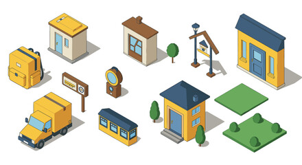 Fototapeta premium Isometric urban objects set featuring buildings, trees, vehicles, and street elements
