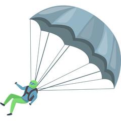 Cartoon Person Skydiving With Parachute Open Teal Canopy and Green Suit Isolated on White Background Vector Illustration