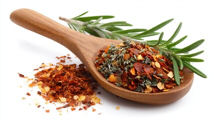 Wooden spoon overflowing with vibrant red chili flakes and dried herbs, accented by fresh rosemary sprigs, perfect for culinary inspiration