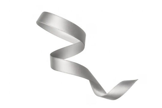 Silver satin ribbon floating swirling, transparent background