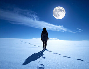 walking alone under bright full moon on snowfield