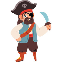 Cartoon Pirate Character With Eye Patch And Sword On Transparent Background For Kids
