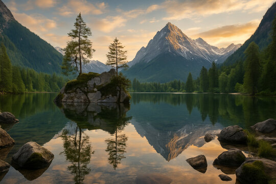 Mountain lake at sunrise with pine trees and calm reflection