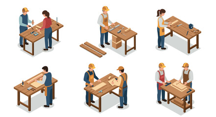 Plakat Carpentry workshop: teamwork and craftsmanship in isometric design