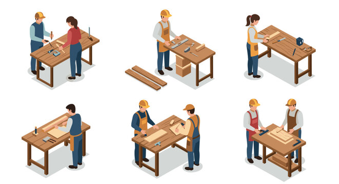 Carpentry workshop: teamwork and craftsmanship in isometric design
