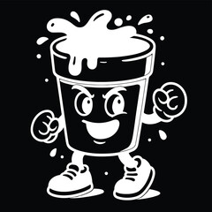 Black and White Cup Character Vector &mdash; Monochrome Beverage Mascot Illustration for Streetwear & Minimal Designs