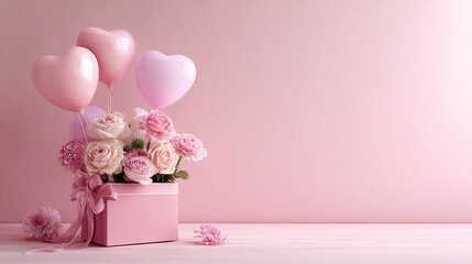 Delicate pink roses and heart balloons in a charming gift box create a sweet surprise for any special occasion or romantic gesture.