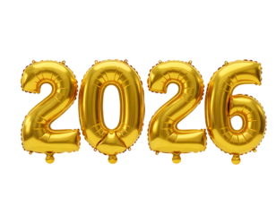 Gold 2026 number balloons PNG isolated on white transparent background