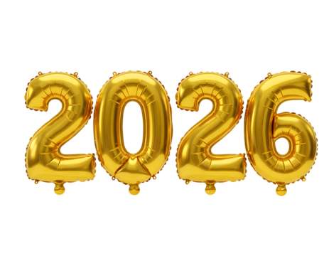 Gold 2026 number balloons PNG isolated on white transparent background