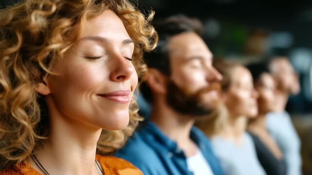 Group meditation session in studio, soft daylight, calm expressions, mindfulness and unity, wellness community, spiritual balance, inner peace, shared energy, group wellness concep