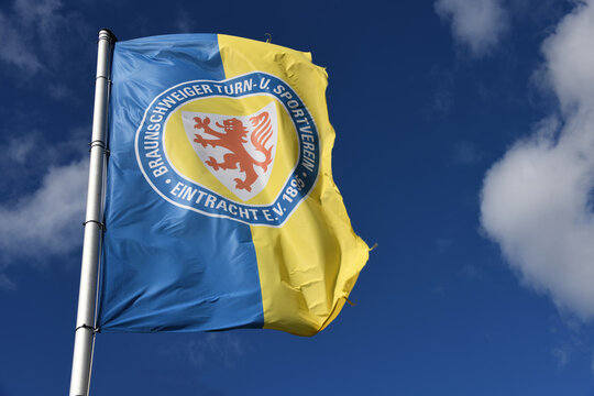 Braunschweig, Lower Saxony, Germany - Oktober 4, 2020:  Flag of the German football club Eintracht Braunschweig in Brunswick, Germany