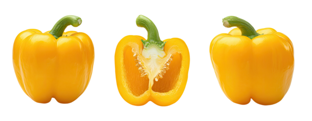 Three yellow bell peppers, one whole, one halved, and one whole