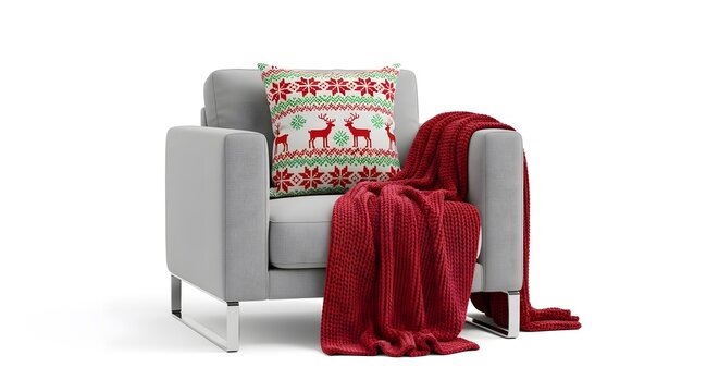 A modern grey armchair decorated for the holidays with a festive reindeer pillow and a soft red throw blanket.