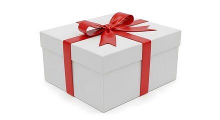 Obraz premium A simple white gift box tied with a vibrant red satin ribbon and bow, isolated on a plain white background.
