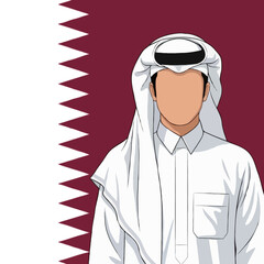 Arab Gulf man wearing traditional thobe and headscarf standing proudly in front of Qatar flag vector illustration high quality design