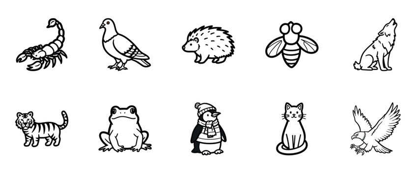 Black and white animal icon set featuring scorpion, pigeon, hedgehog, bee, wolf, tiger, frog, penguin, cat, eagle