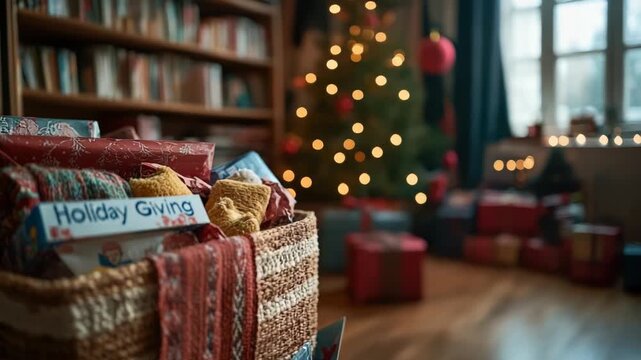 stack of colorful gift boxes marked for donation in cozy home interior, holiday lights, giving spirit,
