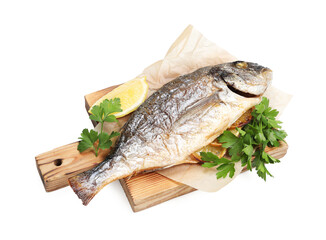 Tasty grilled fish with lemon and parsley isolated on white
