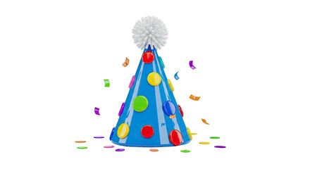 Blue party hat with colorful polka dots and falling confetti