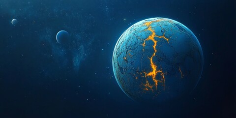 Naklejka premium Stunning Exoplanet Surrounded by Cosmic Wonders, Glowing Cracks Emitting Brilliant Light in Space