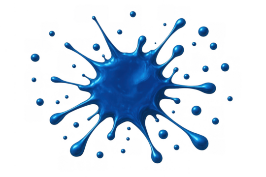 Metallic blue paint splattering creating an abstract ink splash with liquid droplets, isolated on transparent background