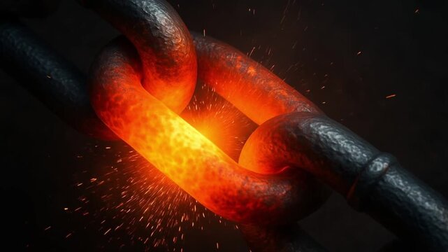 operation occupation mechanized concept. Breaking chain links emitting sparks and heat.