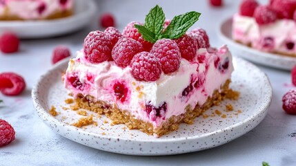 Raspberry Cream Cheese Cake Slice with Fresh Raspberries and Mint for a Delicious Dessert Display