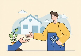 Gardener receiving potted plant for home garden, symbolizing green living and sustainable practices