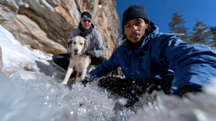 An unforgettable moment capturing a man and his dog in a snowy landscape, showcasing close connections and the joy of winter adventures in nature's beauty.