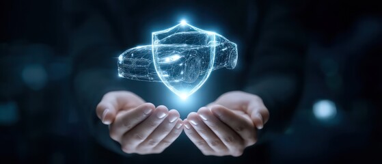 Hands holding glowing car and shield insurance concept
