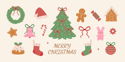 Merry Christmas vector festive icons: a tree, wreath, stockings, candy cane, Santa hat, gingerbread man, bell, pudding, bunny, and ornaments, all in warm pastel colors with “Merry Christmas” wishes.