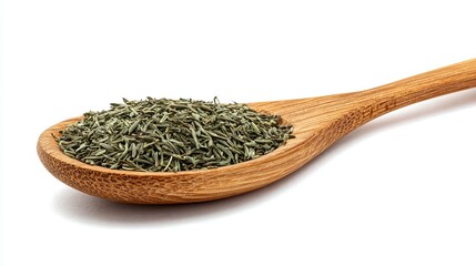 Wooden spoon brimming with fragrant dried thyme, perfect for culinary inspiration and gourmet recipes