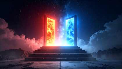 Conceptual of heaven and hell doors linked by stairs in dark surreal landscape under cosmic sky.