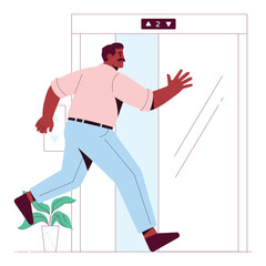 Employee running to catch the elevator before it closes &ndash; Illustration 

