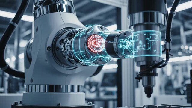 A futuristic robotic arm with a holographic display of its internal mechanics. Industry 4.0 and smart manufacturing automation. CGI animation of artificial intelligence in a factory setting