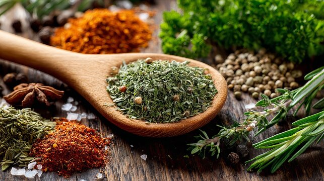 Elevate your culinary creations with a vibrant collection of dried herbs and spices artfully arranged on a rustic wooden surface