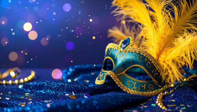 Luxurious Venetian mask with feathers and jewels on glittery fabric.