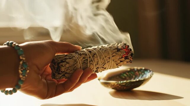A hand holds a smoldering white sage bundle during a spiritual cleansing ritual. Smoke rises for purification and aromatherapy. Mindfulness and wellness concept
