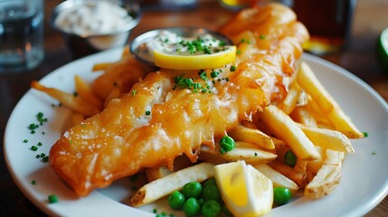 Close up of fish and chips with lemon wedge and peas on a white plate ready to be eaten