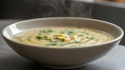 Creamy yellow soup with fresh herbs and steam on dark surface
