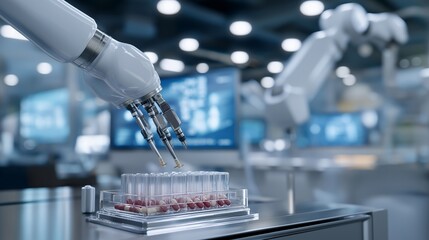 Robotic arms in sleek laboratory filling capsules with precision while digital monitors track chemical analysis, symbolizing automated drug production, futuristic healthcare research, and advanced
