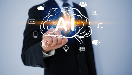 Businessman use AI technology. modern technology, internet and networking concept. AI Learning and Artificial Intelligence Concept.