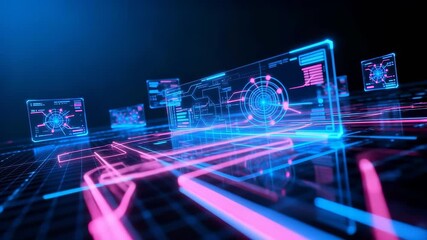 Immersive digital landscape with layered holographic displays showing complex circuit diagrams, interactive radar interfaces, and luminescent network connections projected against dark grid - Powered by Adobe