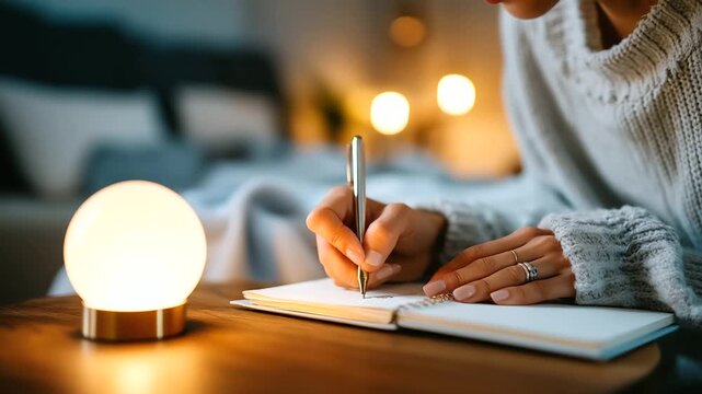 Woman journaling goals and affirmations on cozy desk with soft lamp light, gentle focus, calm evening scene, mindful writing, personal development, mental focus, gratitude journali