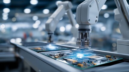 High-tech production line with autonomous robotic systems assembling smartphones, circuit boards, and processors, symbolizing futuristic electronics manufacturing, efficiency, and advanced