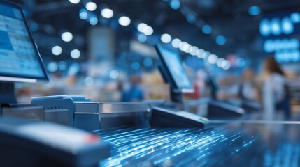 Supermarket interior showing checkout counters with long queues of customers, barcode scanners, and digital payment terminals, symbolizing real-life retail checkout experience and consumer shopping